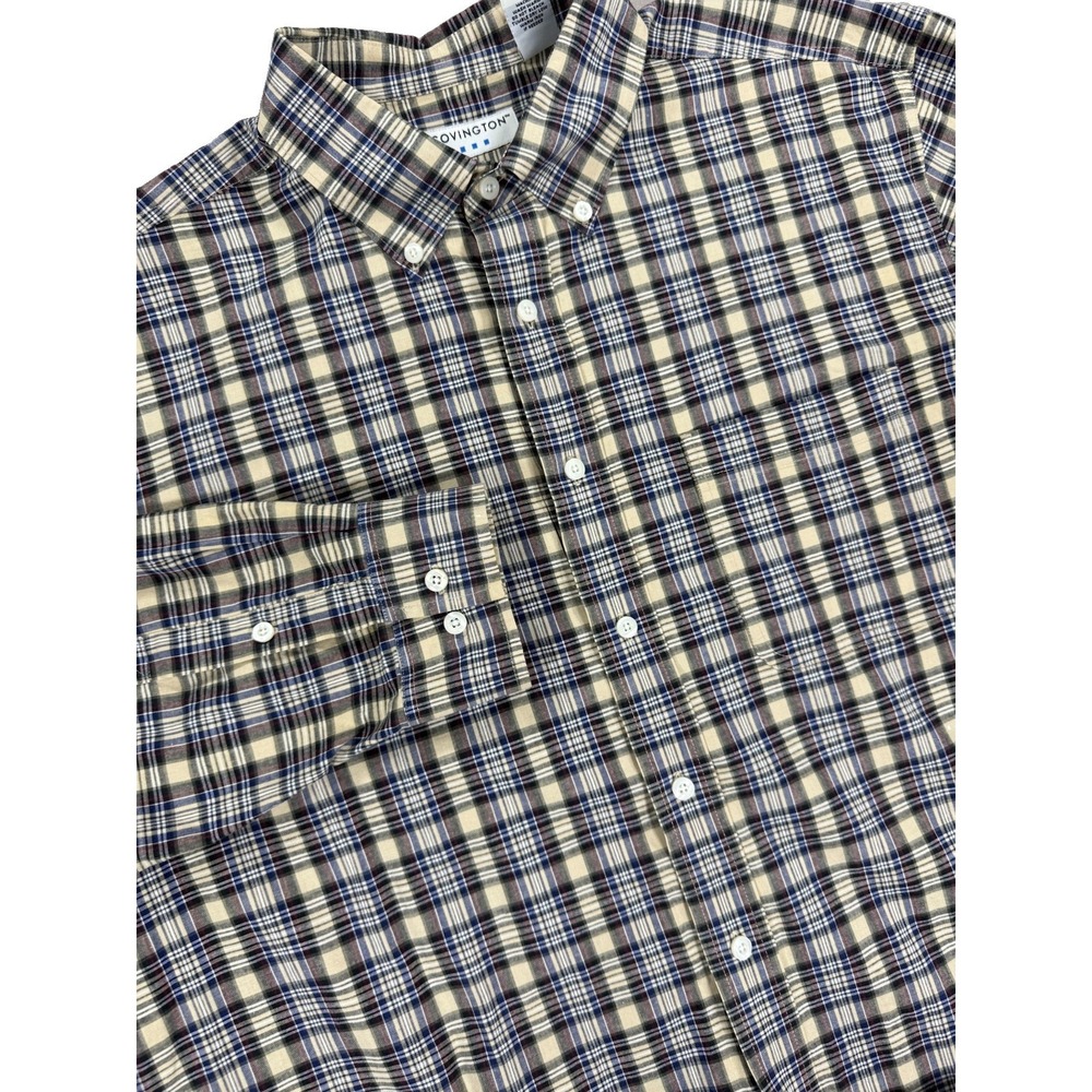 Vintage Covington Shirt Men's XL Tan Black Plaid Long Sleeve Cotton Hong‎ Kong